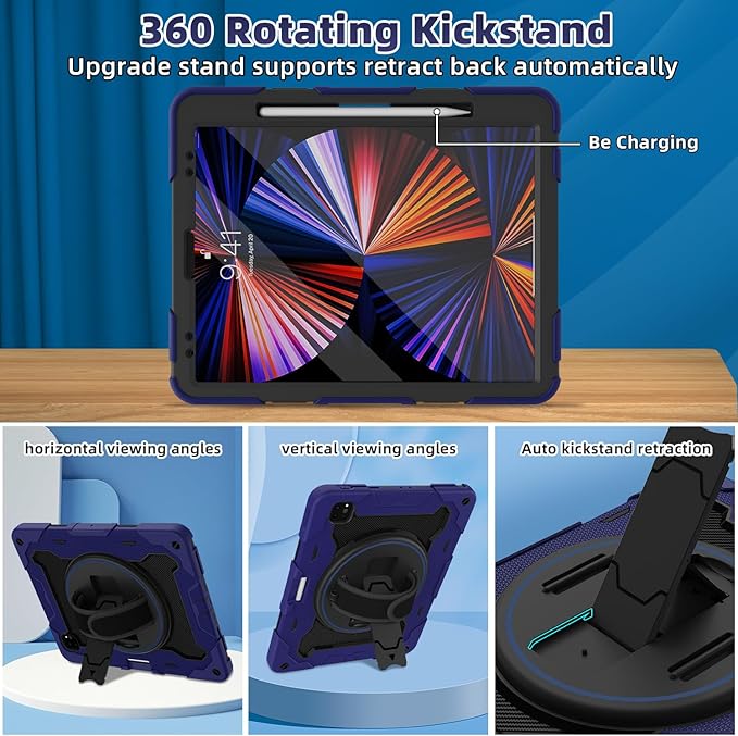 ROISKIN for iPad Pro 12.9 -Inch Case (6th, 5th, 4th & 3rd Gen) with HD Screen Protector, 360 Stand, Hand Strap, Pencil Holder,Shoulder Strap,Rugged Bulky Full Body 12.9 iPad Pro Case