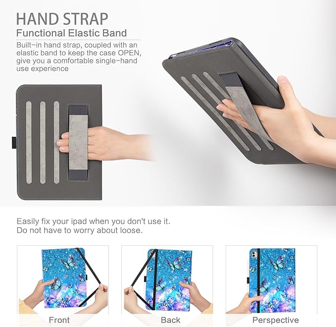 iPad Pro 13 inch Case (M5)2025, Case for iPad Pro 13-inch (M4) 2024 with Pencil Holder Multi-Angle View Adjustable Stand Shockproof Protective with Pocket/Hand Strap/Auto Wake Sleep,Flowers Butterfly