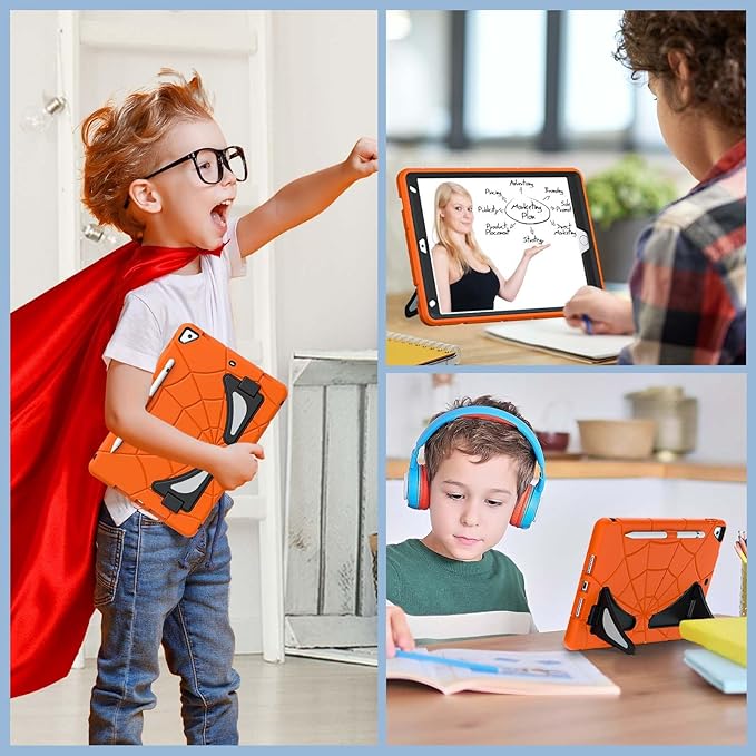 AKABEILA Compatible with Apple iPad 10.2 7th 8th 9th(2019/2020/2021) Tablet Case，Lightweight Shockproof Rugged Protective Cover with Kickstand for Kids Children Boys Babies Orange Black