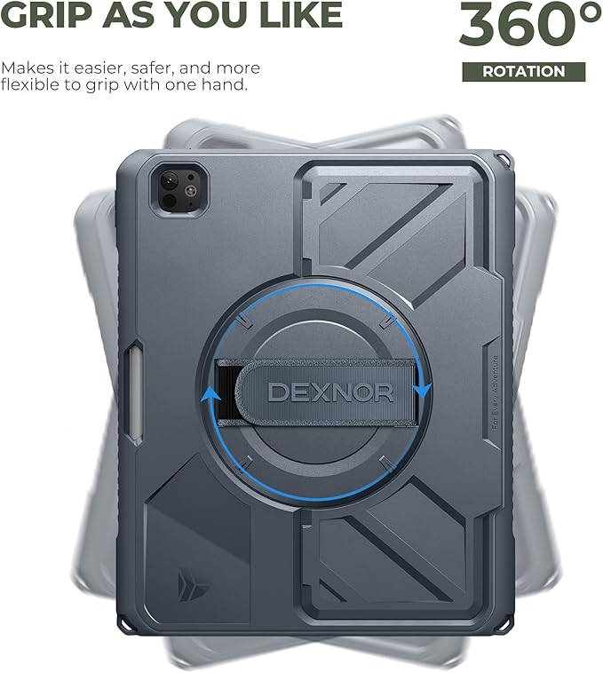 Dexnor for iPad Pro 13 inch Case M5 2025/M4 2024, Rugged Protective Case with 360° Rotating Hand Strap & Large Steady Stand & Screen Protector & Pencil Holder Shockproof Full-Body Bumper Cover,Blue