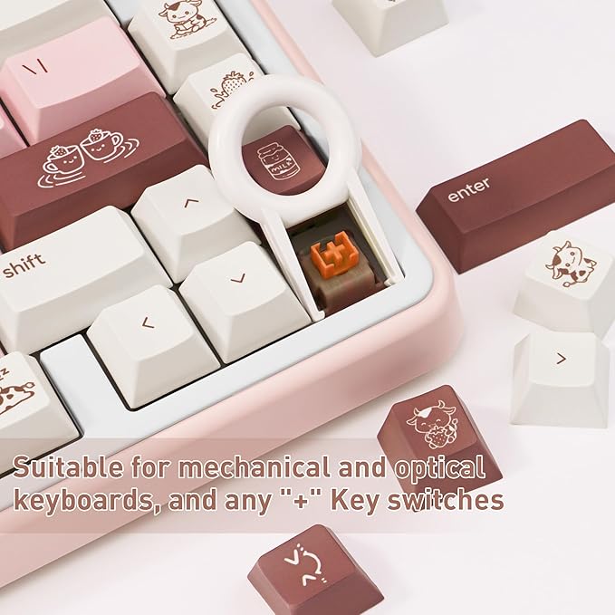 Milk Strawberry Cute Pink Keycaps - 134 Keys PBT Dye-Sublimation Keycaps, Cherry Profile - Kawaii Cow & Milk Cartoon Illustrations, Compatible with 60% 65% 75% 80% 100% Mechanical Keyboards