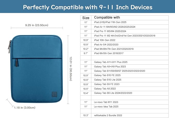 Dadanism 9-11 Inch Tablet Sleeve Padded Carrying Case for iPad (A16) 11th Gen 11", iPad 10th Gen 10.9", iPad Air M4/Pro M5 11", iPad Air 5/4, iPad 9/8/7th Gen, Galaxy Tab A11+ Plus 11", Peacock Blue