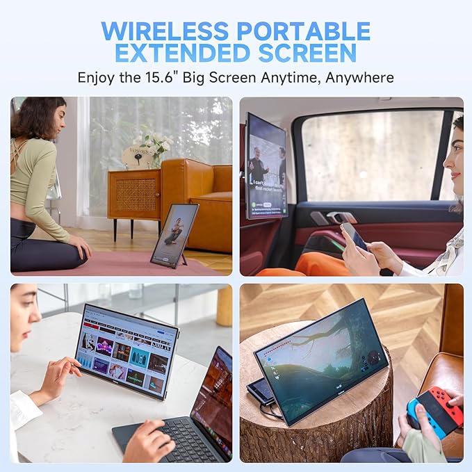 Wireless Portable Monitor with Power Bank, Supports AirPlay/Miracast, 15.6" 1080P Portable Screen Extender, Wireless Casting&Auto-Rotation, Dual Monitor for Laptop/Mac/Switch/Phone/PC