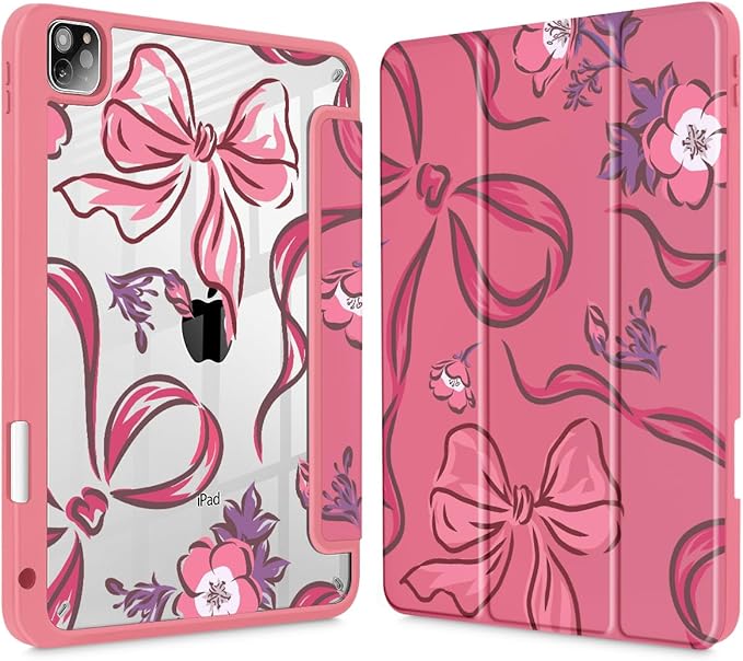 Mektron Case for iPad Pro 11 inch (4th, 3rd, 2nd & 1st Gen) 2022 2021 2020 2018, Buit in Pencil Holder with Shockproof Cover Clear Shell + Auto Wake/Sleep, Flowers-Bows-Red