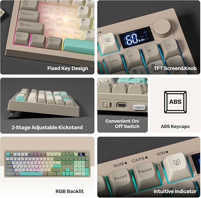 EPOMAKER Aula S102 PRO Membrane Gaming Keyboard with TFT Screen, Volume Knob & Number Pad, BT/2.4G/USB, RGB Backlit, Creamy Silicone Structure, Silent Keyboard for PC Game/Office (Grey)