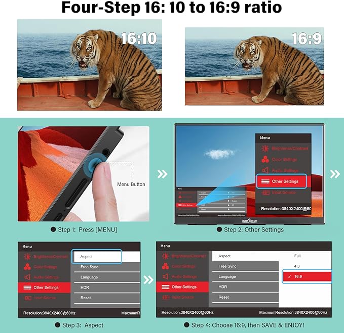 InnoView 16" Portable Monitor 120Hz 2.5K QHD 2160x1600 100% sRGB Laptop Screen Extender | 2 x Type-C & HDMI Portable Monitor for Macbook/Switch/PS5/Xbox(Adapter Excluded)