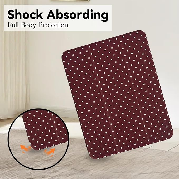 Lovmooful Compatible for iPad Air 6th 11-inch M2 (2024),iPad Air 5/4 (2022/2020 5th/4th Generation 10.9-Inch) Case with Pencil Holder Cute Polka Dot Design Soft TPU Trifold Stand Protective-Wine Red