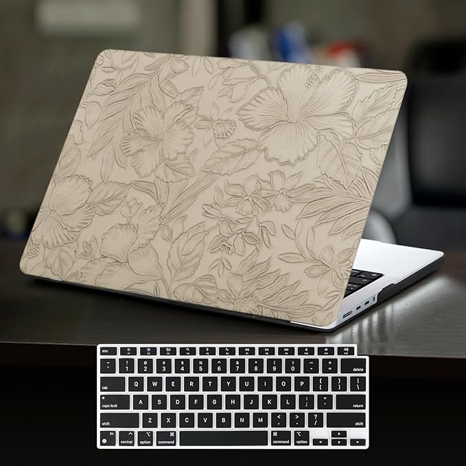 DTangLsm for MacBook Air 15 inch Case 2026 2025 2024 2023 M5 M4 M3 M2 A3448 A3241 A3114 A2941, Elegant Texture Retro Leather Hard Cover for M5 MacBook Air 15 Case+Keyboard Skin,Apricot Embossed Floral