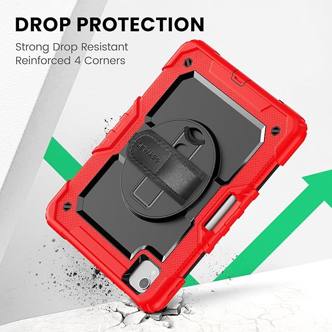 SEYMAC Case for iPad Air 5th/4th Generation 10.9 Inch, Full-Body Heavy Duty Protective Case with Rotating Stand, Screen Protector and Hand/Shoulder Strap for Air 5/ Air 4, Red