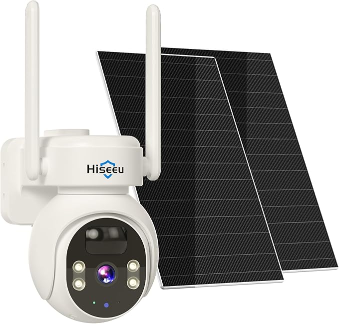 Hiseeu Solar Powered Security Camera, 24/7 Recording, 4MP 100% Wireless Outdoor Camera, 360° PTZ View, PIR Motion Detection, Color Night Vision, 2-Way Audio, IP66 Waterproof, No Monthly Fees