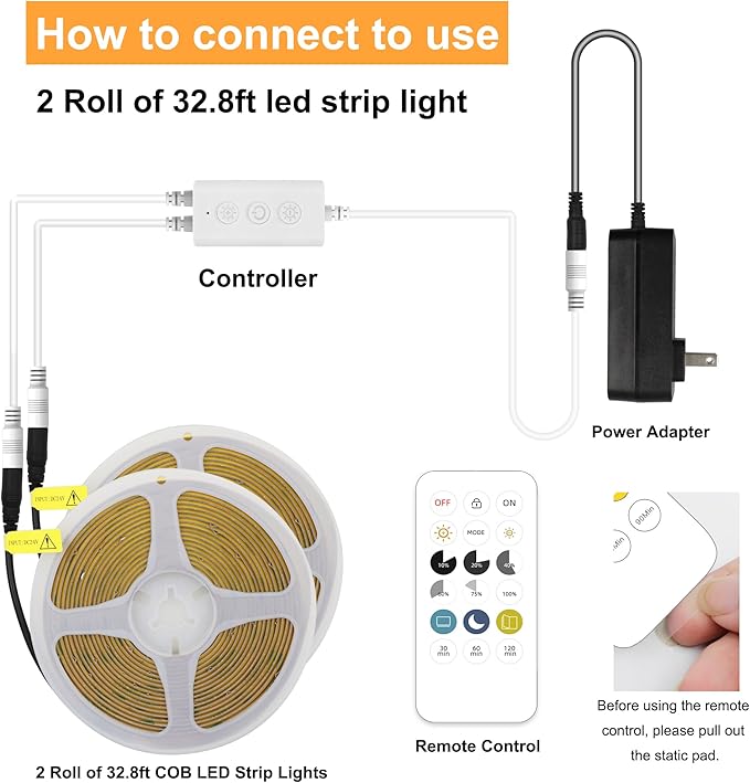 AXMOTUT 65.6ft COB LED Strip Light Warm White, High Bright LED Strips with 320LEDs, RF Remote and UL Power Supply, 3000K Dimmable LED Lights for Bedroom,Kitchen, DIY Home Decoration, 2 Rolls of 32.8ft