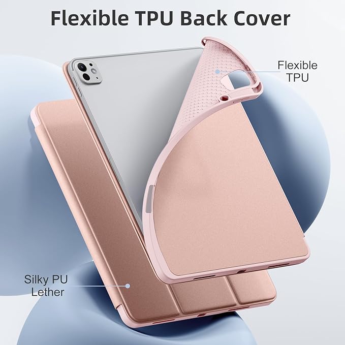 Compatible with iPad Pro 13 Inch Case M5 2025/ M4 2024, Soft TPU Back Cover for iPad 13 Pro Case, with Pencil Pro & (USB-C) Holder, Trifold Stand, Auto Wake/Sleep, Rose Pink