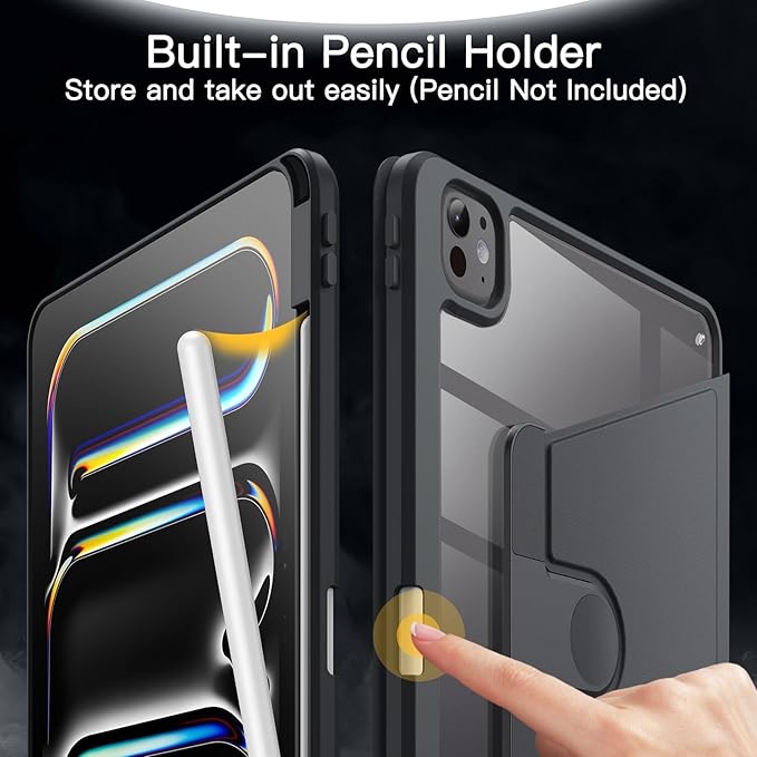 JETech Rotating Case ONLY for iPad Pro 11-Inch M5/M4 2025/2024 (6th/5th Generation) with Pencil Holder, 360 Degree Rotation Protective Stand Cover Clear Back, Auto Wake/Sleep (Space Gray)