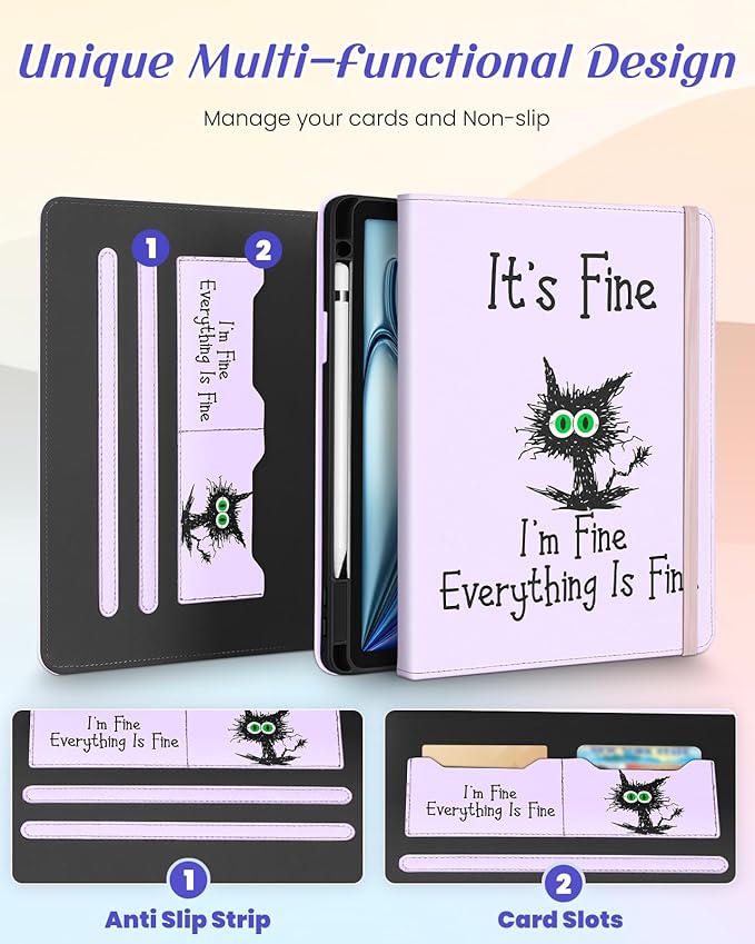 Kidcube for iPad Air 11 Inch Case M3/M2, Air 5th/4th Generation Cases 10.9'', Pro 11'' 2020 - Women Girls Aesthetic Cute Rotating Stand Folio Cover with Pencil Holder & Card Slot Girly Kawaii Cat