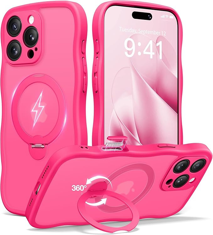 CAPRARO for iPhone 16 Pro Max Case with 360° Spin Magnetic Stand for Women, [Compatible with MagSafe] [Full Camera Protection] Cute Wave Translucent Matte Case for iPhone 16 Pro Max, Hot Pink