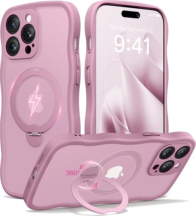 CAPRARO for iPhone 14 Pro Case with 360° Spin Magnetic Stand for Women, [Compatible with MagSafe] [Full Camera Protection] Cute Wave Translucent Matte Case for iPhone 14 Pro,Black Currant