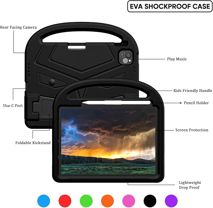 Kids Case for Apple iPad Air 11-inch M3 (2025) /M2 (2024) with Pencil Holder/Handle/Kickstand Lightweight Soft EVA Foam Shockproof Stand Tablet Cover for iPad Air 11" M3/M2, Black Bird