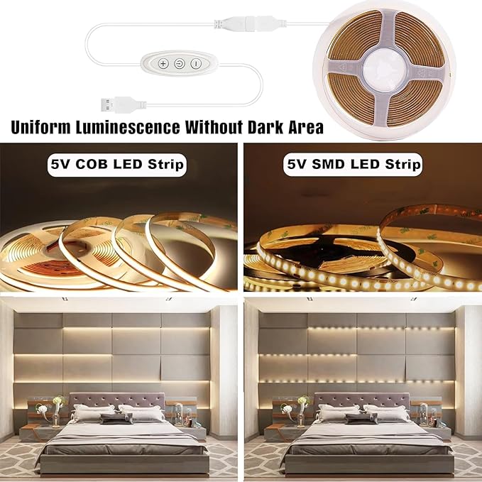 COB LED Strip Lights Natural White 4000K CRI 92+ Even Lighting Short 5V Dimmable Flexible Cuttable 6ft with Dimmer Switch for Desk Cabinet Home Office DIY Project Decoration