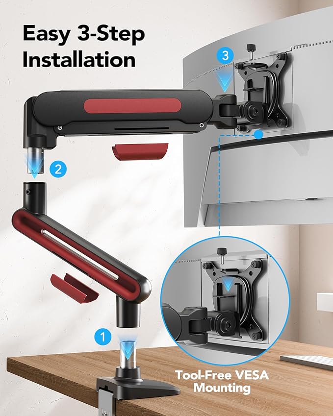 HUANUO Ultrawide Monitor Arm for 13 – 40" Screens, Single Monitor Mount Holds up to 26.4lbs, Adjustable Monitor Stand with C-Clamp & Grommet Base, VESA Mount 75x75mm/100x100mm