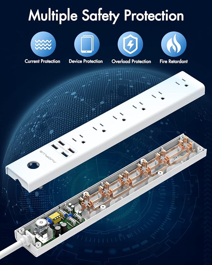 Power Strip 10Ft - Surge Protector with USB, AUOPLUS 6 Outlet and 4 USB Charger, 10Ft Long Extension Cord Flat Plug(1250W/10A/2100J), Wall Mountable Overload Protection for Computer Home Office Dorm