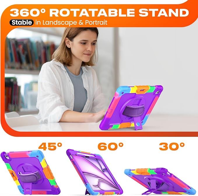SEYMAC stock Case for iPad Air 13-inch M4-M2 2026-2024 (Gen 8-6), Shockproof Heavy Duty Case with Screen Protector, Pencil Holder, Rotating Stand, Hand Strap, Shoulder Strap, Purple