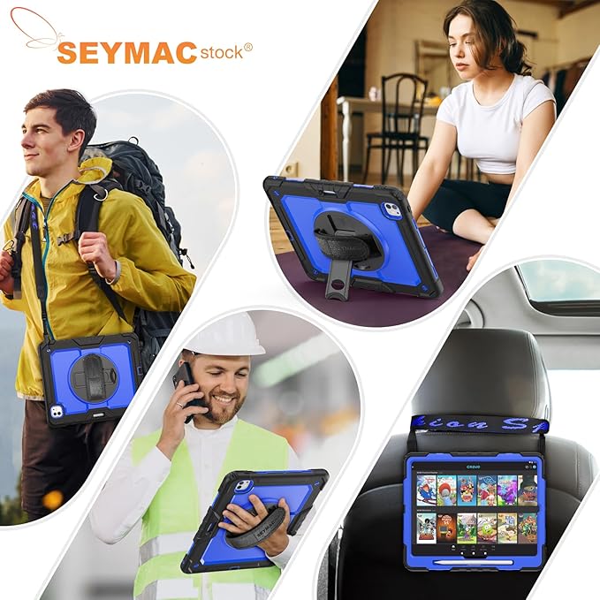 SEYMAC stock Case for iPad Pro 13-inch M5-M4 2025-2024, Shockproof Heavy Duty Case with Screen Protector, Pencil Holder, Rotating Stand, Hand Strap, Shoulder Strap, Blue