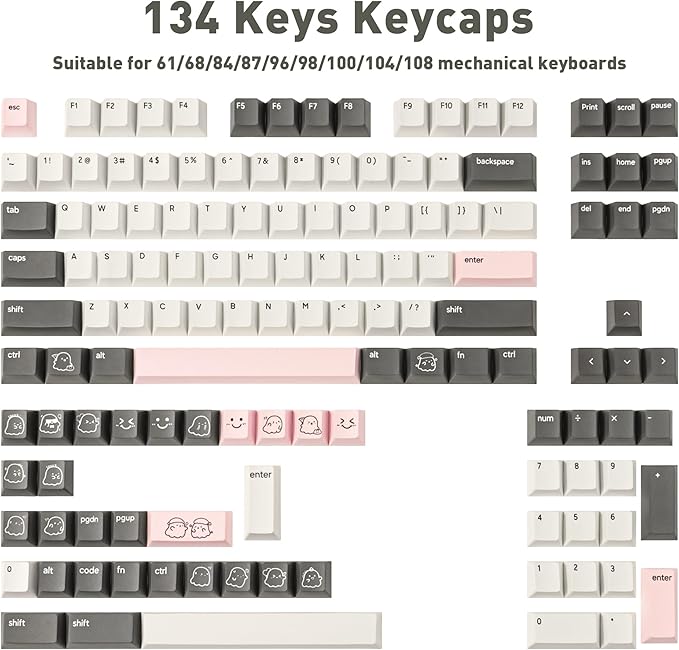 Cute Ghost Theme PBT Keycaps 134 Keys - Five-Sided Dye-Sublimation Cherry Profile Custom Key Caps for Cherry MX Switches Mechanical Gaming Keyboards (60%/65%/75%/80%/100% Layout)