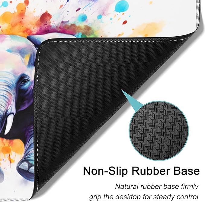 Large Mouse Pad, 31.5 x 11.8in Extended Gaming Mouse Pad with Stitched Edges, XXL Mousepad Protector Non Slip Rubber Base for Office and Home Writing Mat, Painted Cute Elephant Pattern White Desk Mat