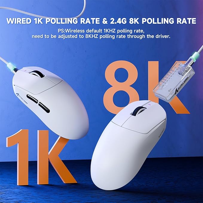 ATTACK SHARK X8 PRO 8K Wireless Gaming Mouse,PAW 3395PRO Sensor,40K DPI,Tri-Mode,55g Ultra-Light,Broadcom 52840 MCU Chip,Programmable Mice with Coiled Cable for PC/MAC/Win-White