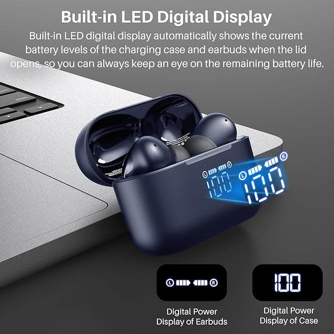 TOZO T20 Wireless Earbuds Bluetooth Headphones 48.5 Hrs Playtime with LED Digital Display, IPX8 Waterproof, Dual Mic Call Noise Cancelling 10mm Broad Range Speakers, New Version