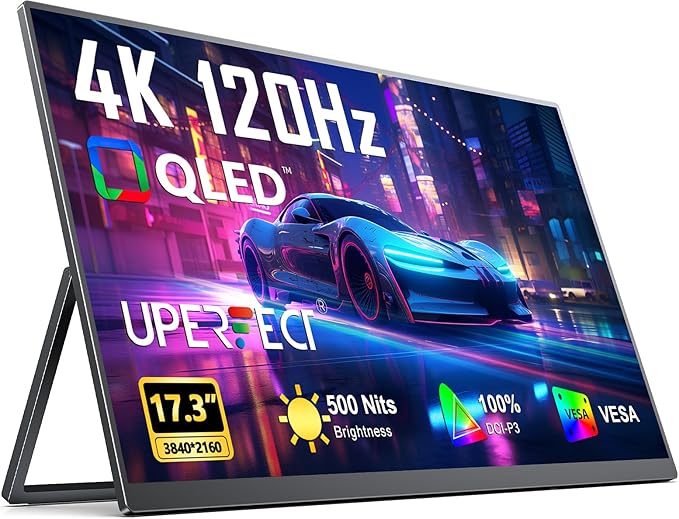 UPERFECT Portable Monitor 4K 120HZ QLED 17.3" | 0.1ms Gaming Monitor, 500 Nits | 3840 * 2160 UHD |100% DCI-P3 | USB-C & HDMI | VESA & Stand | Travel Screen for Laptop, Computer, Game Consoles