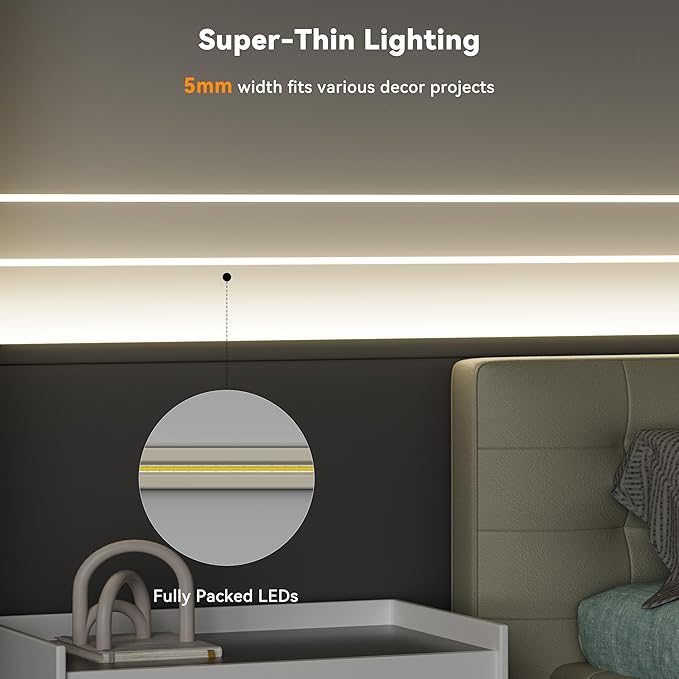PAUTIX 5mm COB LED Strip Light 16.4ft/5m 4000K Natural White 504 LEDs/m,5000lm CRI90+ Super Bright DC24V Flexible LED Tape for Cabinet Home DIY Lighting Projects(Power Supply Not Included)