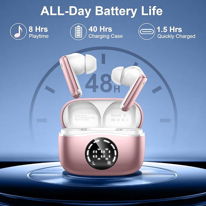 Bluetooth 5.4 Headphones, 2026 3D-Stereo Wireless Earbuds, 48Hrs Deep Bass Ear Buds, 4 ENC Noise Cancelling Mic, USB-C in-Ear Earphones, IP-X7 Waterproof Sport Workout Gym for Laptop Pad Android iOS