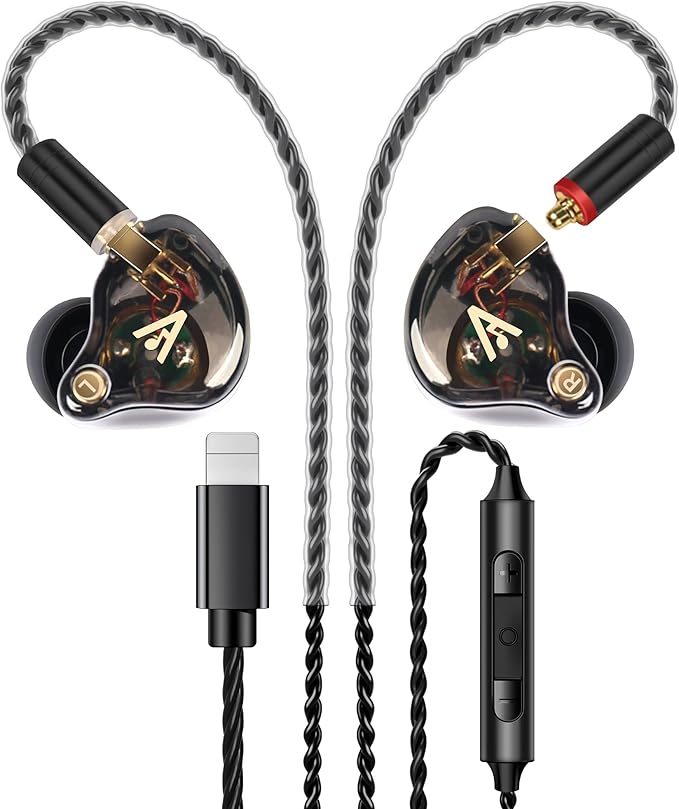Vibes 202ML Wired Earbuds - HiFi in Ear Headphones for iPhone 5–14, Noise Isolating Ear Buds w/ Mic - Clear Sound, Deep Bass, Comfort-Fit Earphones - MMCX–LTN, Silver Plated Cord, Carrying Case