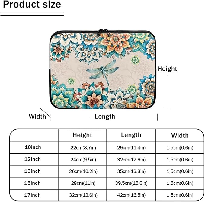 Boho Flower Dragonfly Laptop Protective Sleeve for Women Men Computer Sleeve 12 Inch Laptop Case Bag Lightweight Computer Carrying Case Suitable GITS for Teens Tablet Bags