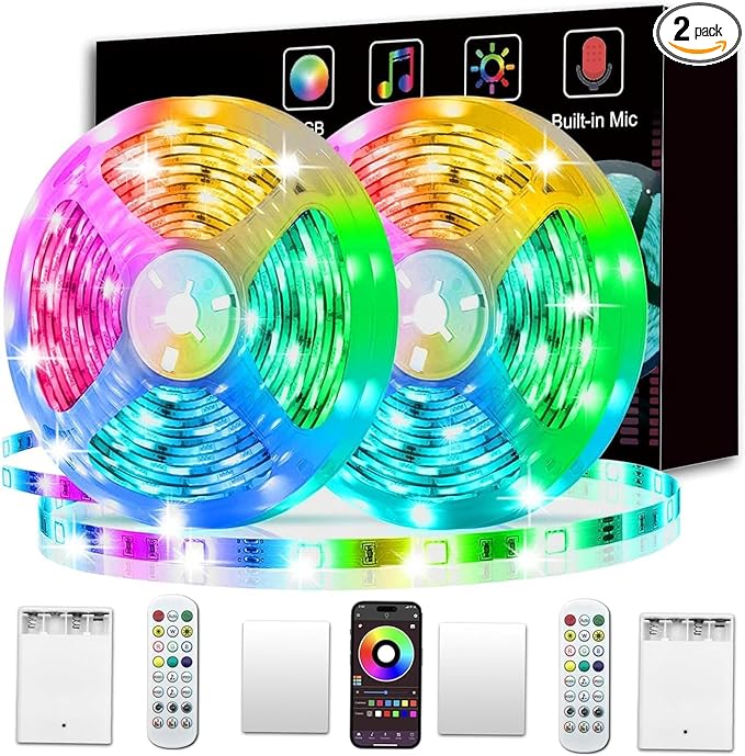 L8star Battery Powered Led Strip Lights, 2x16.4Ft (32.8Ft),Two Sets of Strip Light with 4 AA Battery Box/USB RGB LED Lights, Remote and APP Control