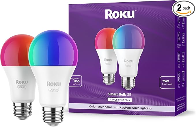 Roku Smart Light Bulbs (Color, 2-Pack) - Dimmable A19 Color Lightbulbs with Adjustable Brightness & Temperature - WiFi Smart Bulbs Works with Roku Voice, Alexa & Google Assistant - Smart Home Products