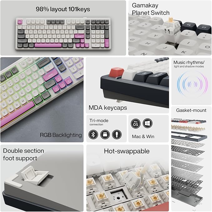GK GAMAKAY TK101 98% Mechanical Keyboard with Number Pad, Hot Swappable, Pre-lubed Linear Switches, Tri-Mode Bluetooth/2.4GHz/USB-C 101 Keys RGB Backlit Gaming Keyboard (White&Gray, Saturn Swicth)