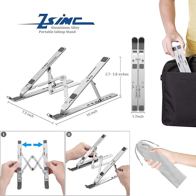 Laptop Stand, Laptop Riser Computer Stand for Desk, Adjustable Aluminum Foldable Portable Desktop Holder, Compatible with MacBook Air pro, iPad, Lenovo, 10-15.6” Laptop and Tablets (Silver)
