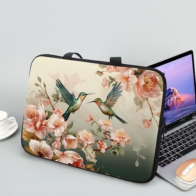 Hummingbird Laptop Sleeve for Women, Protective Computer Cover Case with Handle Briefcase Carrying Bag Compatible 12 Inch Notebook, Chromebook Computer, Vintage Floral