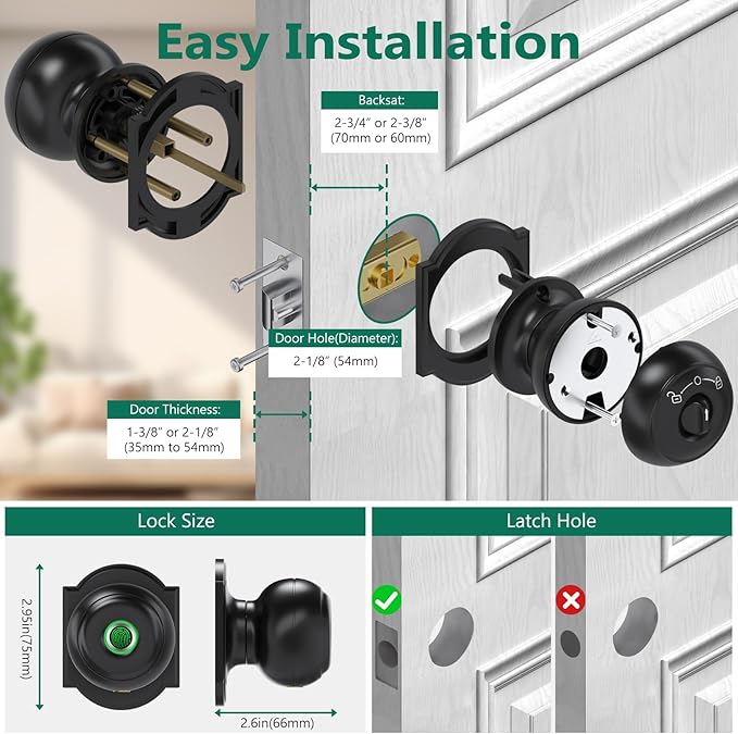GeekTale Fingerprint Door Lock for Bedrooms, Fingerprint Door Knob with Lock, Smart Door Lock, App Control, Back-up Keys, Thumbprint Door Knob for Bedrooms, Office, Apartment