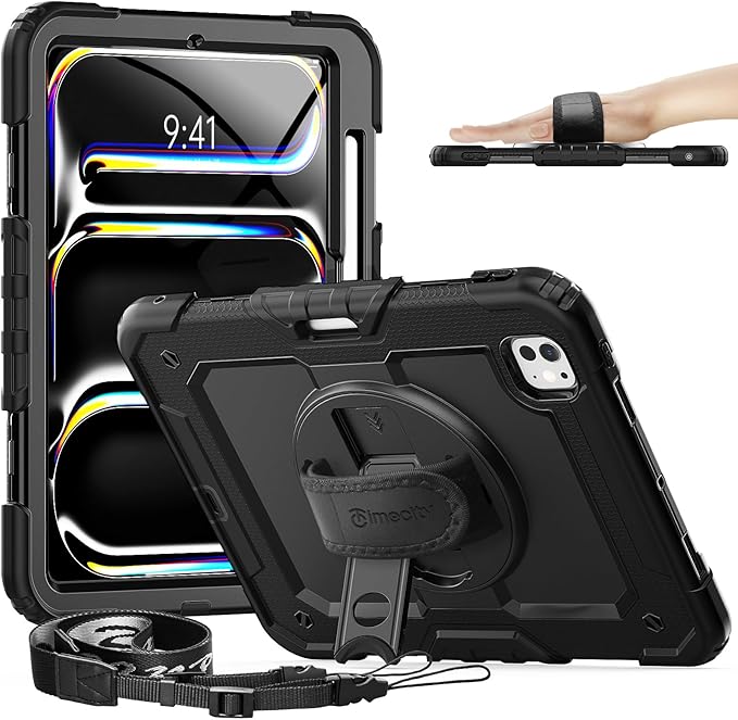 timecity Case for iPad Pro 11 Inch M5 2025 / M4 2024, 360° Rotating Stand, Pencil Holder & Wireless Charging, Shockproof with Screen Protector & Shoulder Strap -for Designers & Professionals,Black