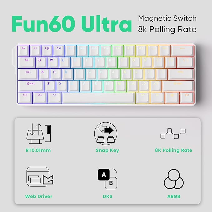 MONSGEEK FUN60 Ultra Rapid Trigger Gaming Keyboard 8k Magnetic Switch TMR Aluminum Wired Keyboard 60% White Shine-Through MagMech, Glare Magnetic Switch