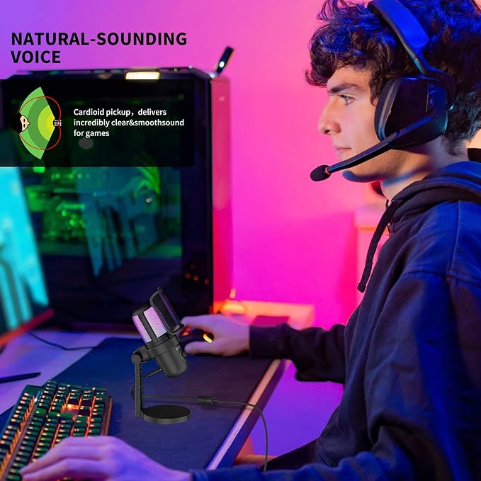 Pro USB Microphone for PC/PS5/Mac - Gaming, Streaming & Podcast Studio Mic with Omnidirectional Sound, RGB Lighting, Quick Mute, Noise Cancellation - Includes Pop Filter, Shock Mount, Boom Arm