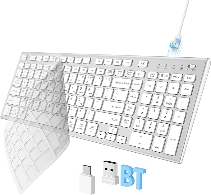 FENIFOX Wireless Keyboard, Bluetooth & 2.4G USB & USB-C Rechargeable Silent Ultra Quiet Low Profile Compact Full Size with Number Pad Soft Multi Device for Mac MacBook Windows PC - White & Silver
