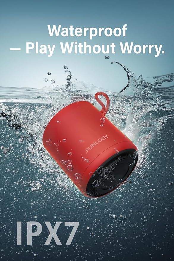 FUNLOGY Portable Mini2 Bluetooth Speaker, Wireless Portable Speaker with Deep Bass, IPX7 Waterproof, TWS Stereo Pairing, Built-in Mic, Small Speaker for Shower, Outdoor, Travel, Red