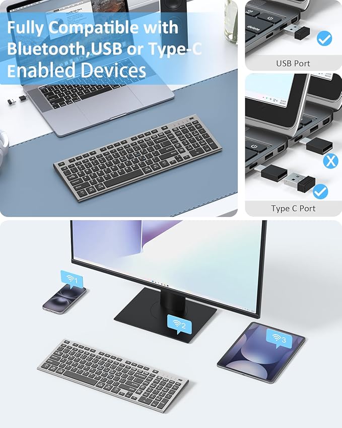 FENIFOX Wireless Keyboard, Bluetooth & 2.4G USB & USB-C Rechargeable Silent Ultra Quiet Low Profile Compact Full Size with Number Pad Soft Multi Device for Mac MacBook Windows PC - Black & Grey