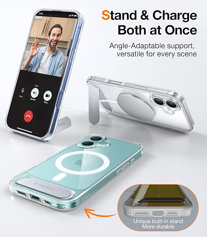 TORRAS for iPhone 16 Plus Case Diamond Clear | Strong Magnetic & Seamless Stand, Fit for MagSafe, Military-Grade Drop Protection, Sturdy Adjustable Built-in Kickstand, Slim Anti-Yellowing