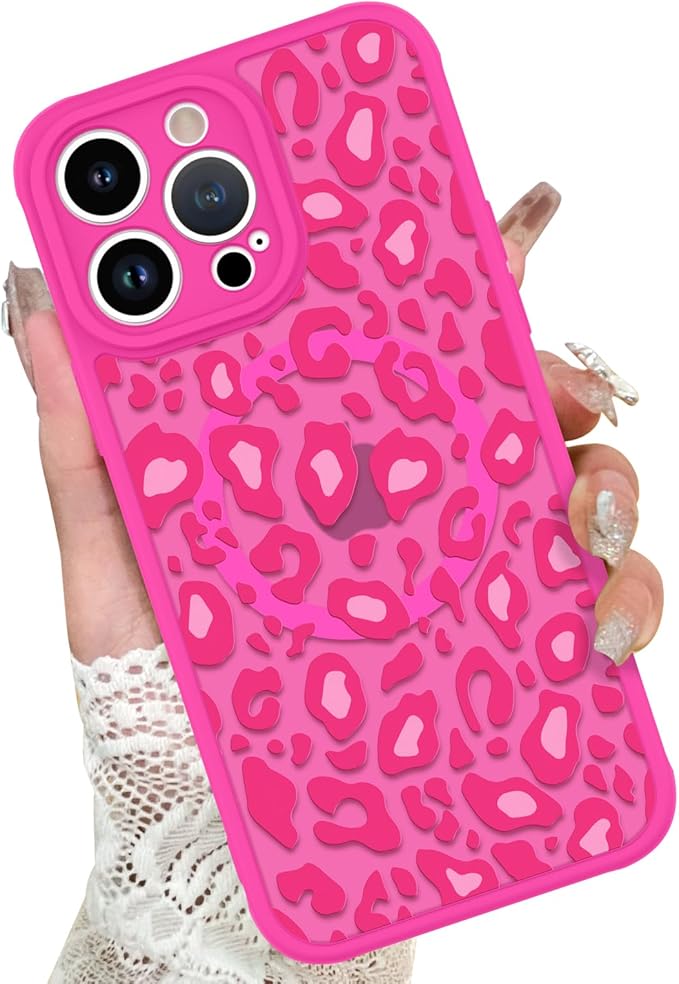 KANGHAR Case for iPhone 12 Pro Max Hot Pink Leopard Printed Pattern Cute Cheetah [Compatible with Magsafe] Protective Magnetic Case for Girls Women 6.7"