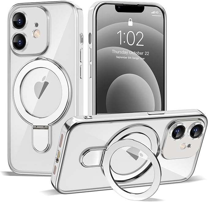 Compatible with iPhone 12 Case with Invisible Magnetic Ring Stand [Compatible with Mag-Safe] [Full Camera Lens Protector] Plating Clear Phone Case for iPhone 12 6.1", Silver